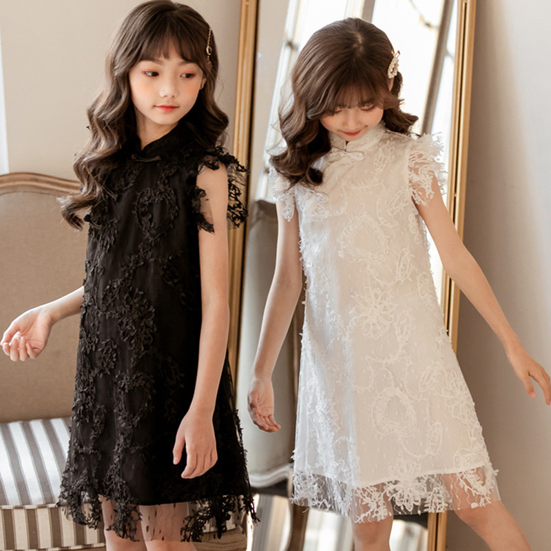 Hyun Bala Girls mesh embroidery plate buckle Cheongsam dress in the Korean version of the summer Chinese style princess skirt