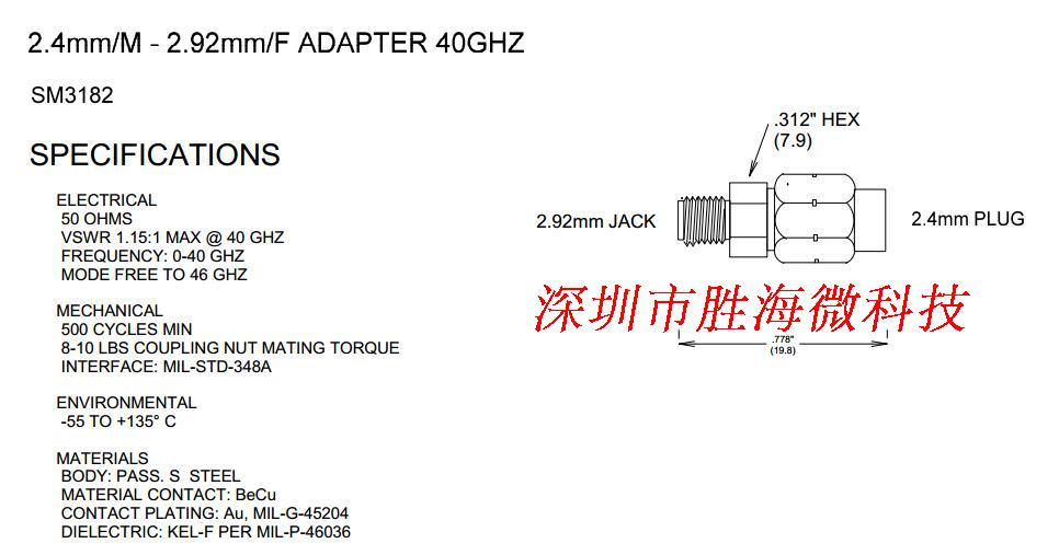 SM3182 2 92mm-2 4mm-FM 40GHz Radio Frequency Microwave Millimeter coaxial Interconnector