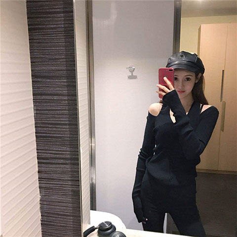 Mùa thu đông gợi cảm v-cổ treo cổ rò rỉ tay áo dài cẩn thận máy in áo len áo len lệch vai nữ áo len mỏng