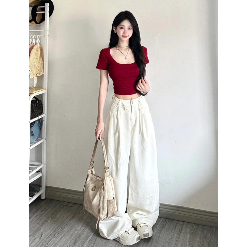 Red U-Neck Short-Sleeve Regular Shoulder T-Shirt for Women, 2025 Summer New Style, Simple and Trendy Slim-Fit Short Top