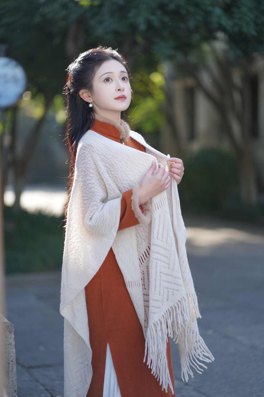 新品未使用 抹茶風 2024年冬新作 改良旗袍 刺繍 裏起毛 毛皮襟
