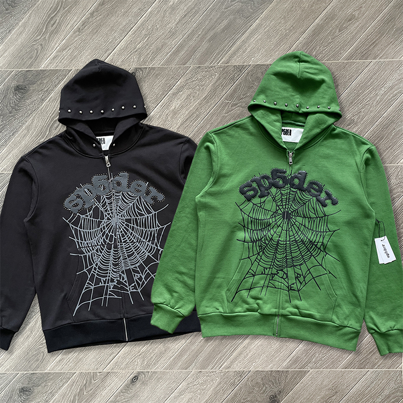 Sp5Der 555555 Zip up Hoodie Classic Spider Web Print Zipper Cotton Hooded Sweatshirt