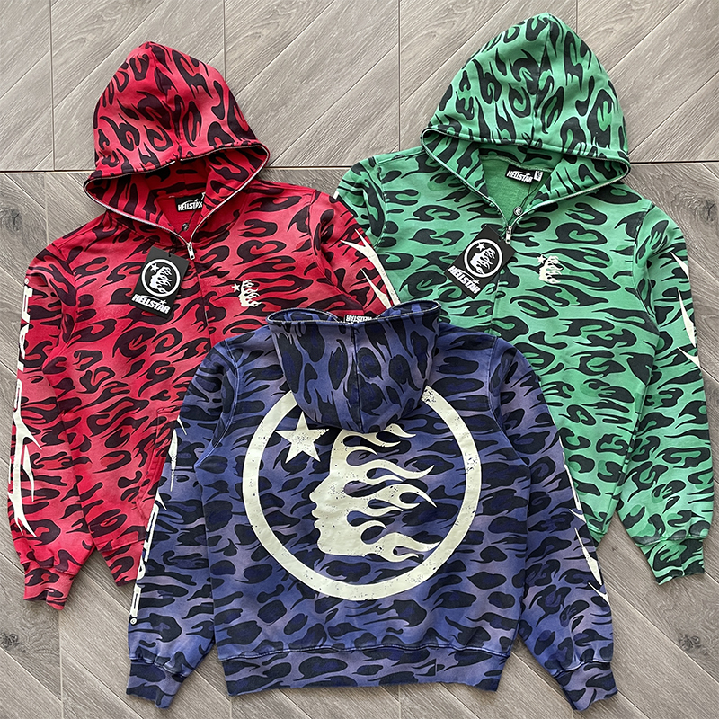 Hellstar Studios Red and Black Camouflage Print Casual Hooded Sweatshirt