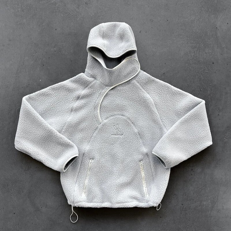 Pioneer Functionality ins Niche Design Unique Shape Diagonal Zipper Velcro Lamb Wool Hooded Sweatshirt Jacket