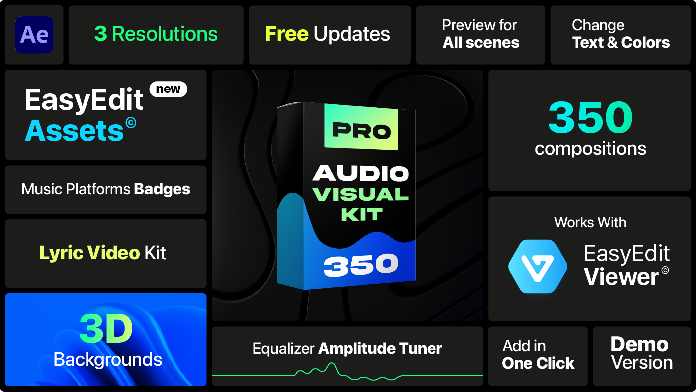 AE脚本EasyEdit-Audio Visual Kit音乐可视化套件资源包3D渐变背景音乐专辑包装制作支持win/mac含教程