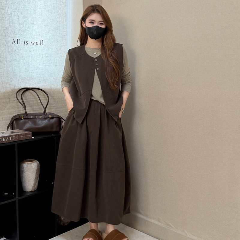 Korean Style Relaxed Loose Sleeveless Vest + Long-Sleeved T-Shirt + Drapey Balloon Skirt Three-Piece Set for Women in Autumn