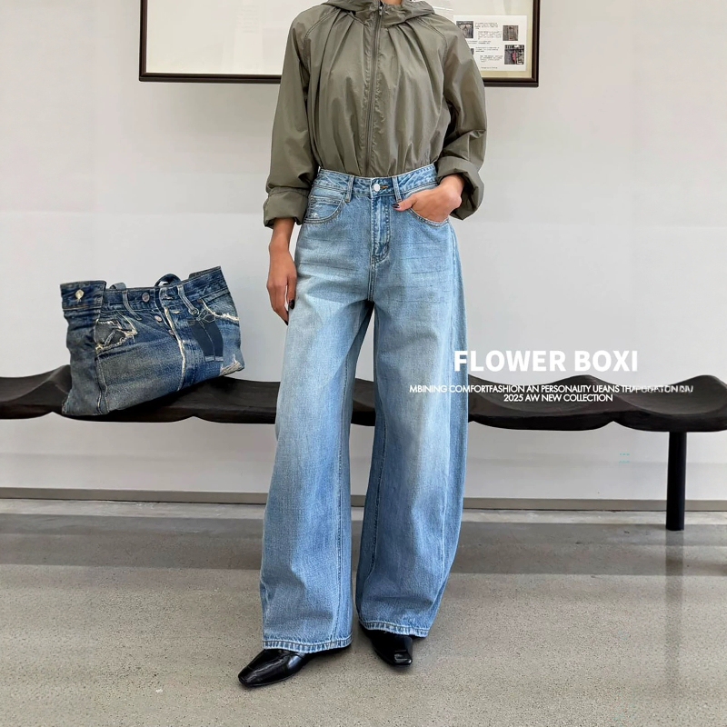 Floral Box Jeans for Women 2026 Spring/Summer New Style 67867 Vintage Wrinkled Distressed Paint Color High-Waisted Wide-Leg Scimitar Pants