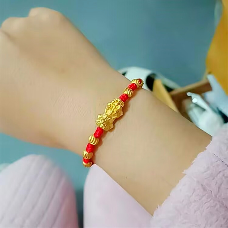 New 24K Gold Pixiu Bracelet for Men and Women, Gold-Plated Silver Fortune Beads Bracelet, Red String Bracelet for the Year of Birth, Gift for Girlfriend