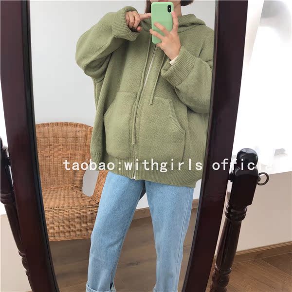 Withgirls / mới tháng 9 năm 2018 thiết kế túi sang trọng có mũ trùm đầu áo len lỏng áo khoác len nữ hàn quốc