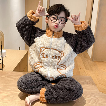 Children's Pajamas for Boys, Autumn and Winter Coral Fleece, Thickened Winter Flannel, Boys' Big Kids 2025 New Style Loungewear