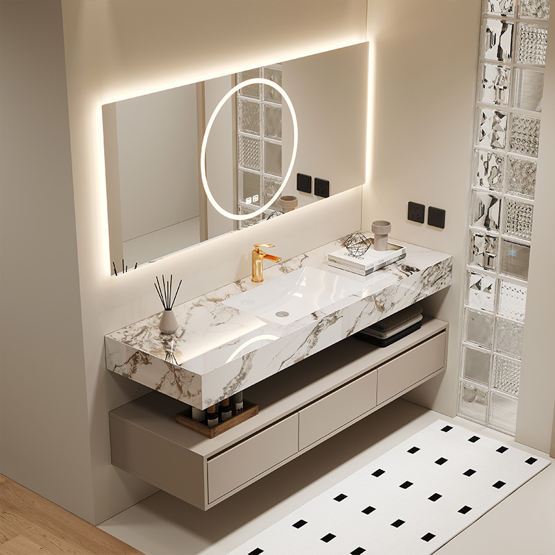 Designer Bathroom Cabinet with Integrated Ceramic Basin and Countertop Set, Hotel Cream-Style Bathroom Vanity with Smart Mirror Designer Bathroom Cabinet with Integrated Ceramic Basin and Countertop Set, Hotel Cream-Style Bathroom Vanity with Smart Mirror