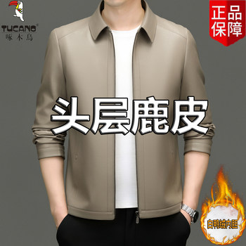 Woodpecker autumn and winter new genuine leather men's leather jacket short deer leather down jacket lapel thickened loose jacket men