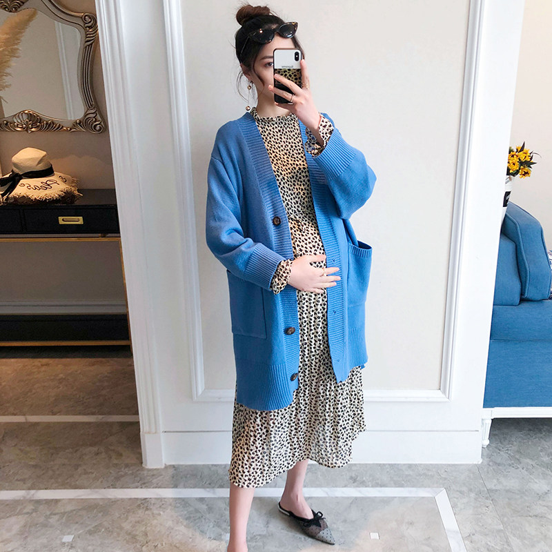 Pregnant women Spring suit set tide mom fashion spring and autumn out knitted cardigan dress loose two-piece set