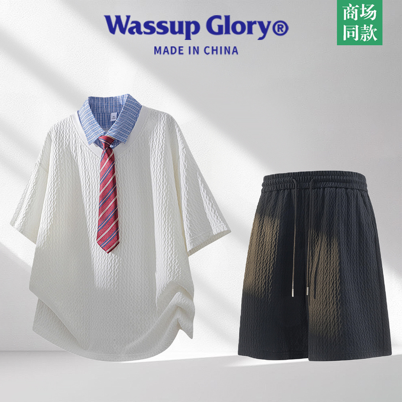 Wassup Glory British College Style Suit for Men, Summer American-Style Short-Sleeved Shorts, a Complete Set with a High-End Feel