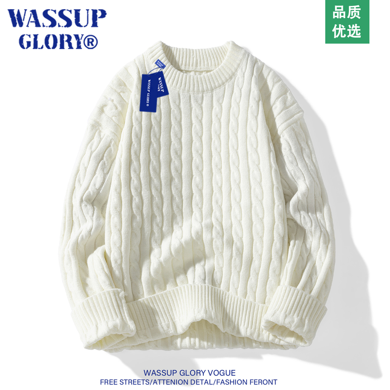 Wassup Glory Twist Knit Sweater for Men, Autumn and Winter, Loose, Casual, High-End Feel, Knitted Sweater with Fleece Lining, Thickened Base Layer Wassup Glory Twist Knit Sweater for Men, Autumn and Winter, Loose, Casual, High-End Feel, Knitted Sweater with Fleece Lining, Thickened Base Layer