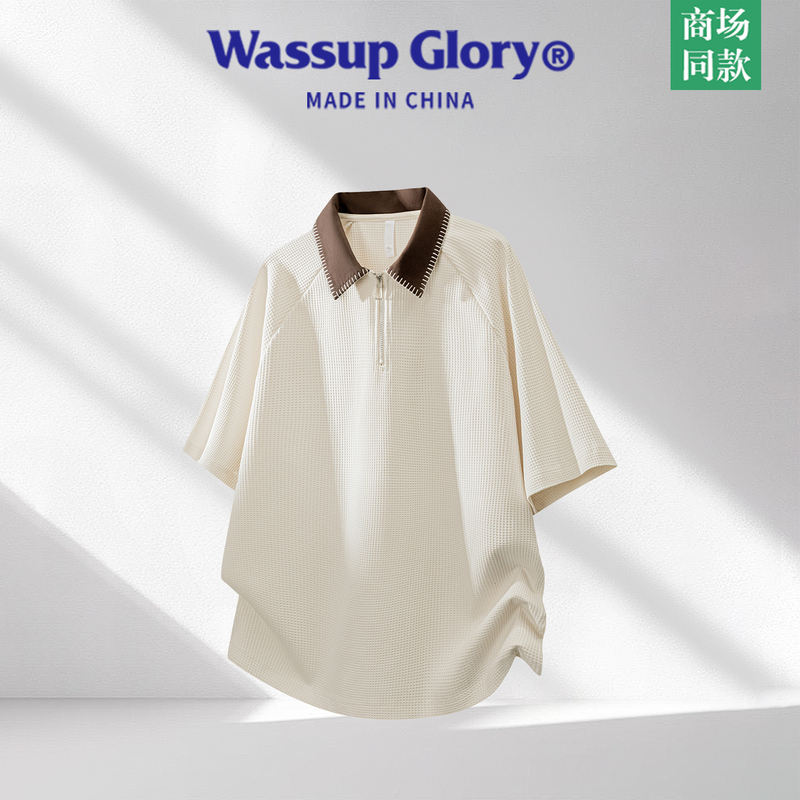 Wassup Glory Waffle Short-Sleeved T-Shirt Men's Summer Half-Zip Polo Shirt with Contrasting Color Stitching on the Collar