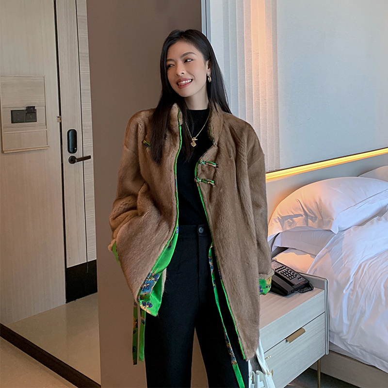 The new national style fragrant cloud yarn mix double-sided mink fur coat female whole mink long version imported mink fur coat