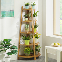 Solid wood balcony corner flower rack Floor-to-ceiling corner fleshy potted plant rack Multi-layer indoor living room flower pot storage rack Bamboo