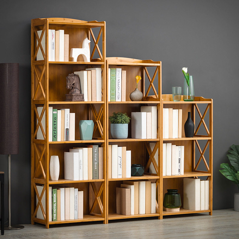 Modern simple bamboo bookshelf bookcase combination simple solid wood multi-layer floorable shelf for children and students, economical 