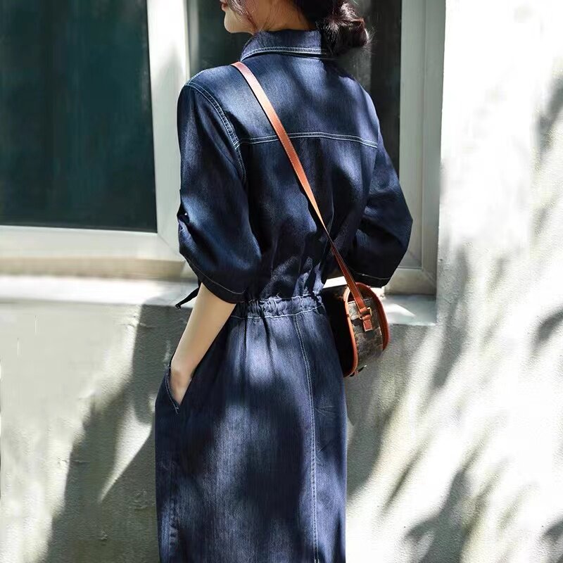 Shirt Tencel denim dress women's summer 2022 new French temperament design sense waist to show slender long skirt
