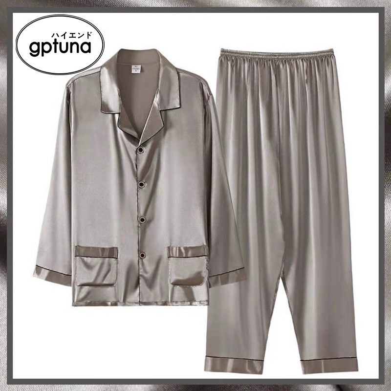 Japanese Gp Autumn Pajamas for Men, Ice Silk Long-Sleeved Spring and Summer Silk Satin Loungewear, Men's Autumn and Winter Large Size Set