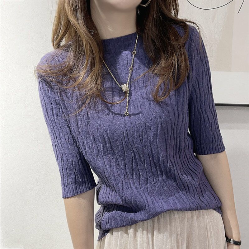 Clearance Sale~ Women's Short-Sleeve T-Shirt with a Half-High Collar, Mid-Sleeve, Versatile Knit Base Shirt, Women's Top Clearance Sale~ Women's Short-Sleeve T-Shirt with a Half-High Collar, Mid-Sleeve, Versatile Knit Base Shirt, Women's Top