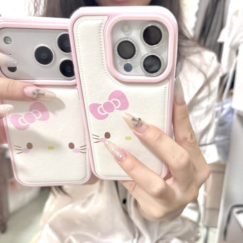 Pink kitty expression is suitable for apple 16promax mobile phone case iphone14pro new model 13 cartoon 12 japanese and korean 11 protective cover 15promax anti-fall 17pro large hole leather airbag