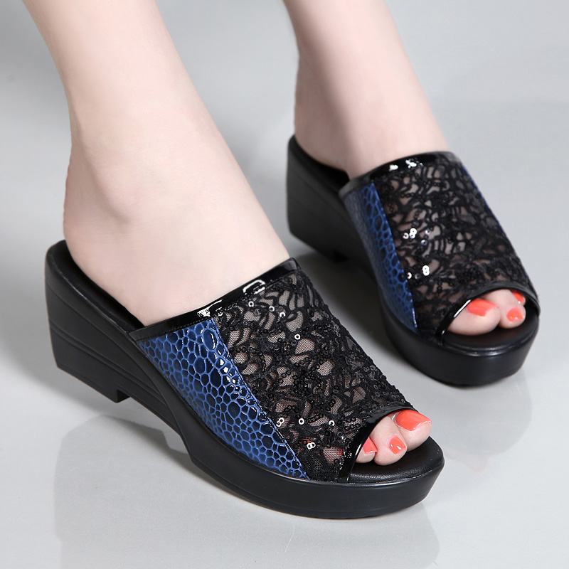 Gintbury Coarse-heeled Sandals Shoes Women's Thick-soled Anti-slip Wearing Pad Mesh Wedge Sandals Women's Large Size Shoes