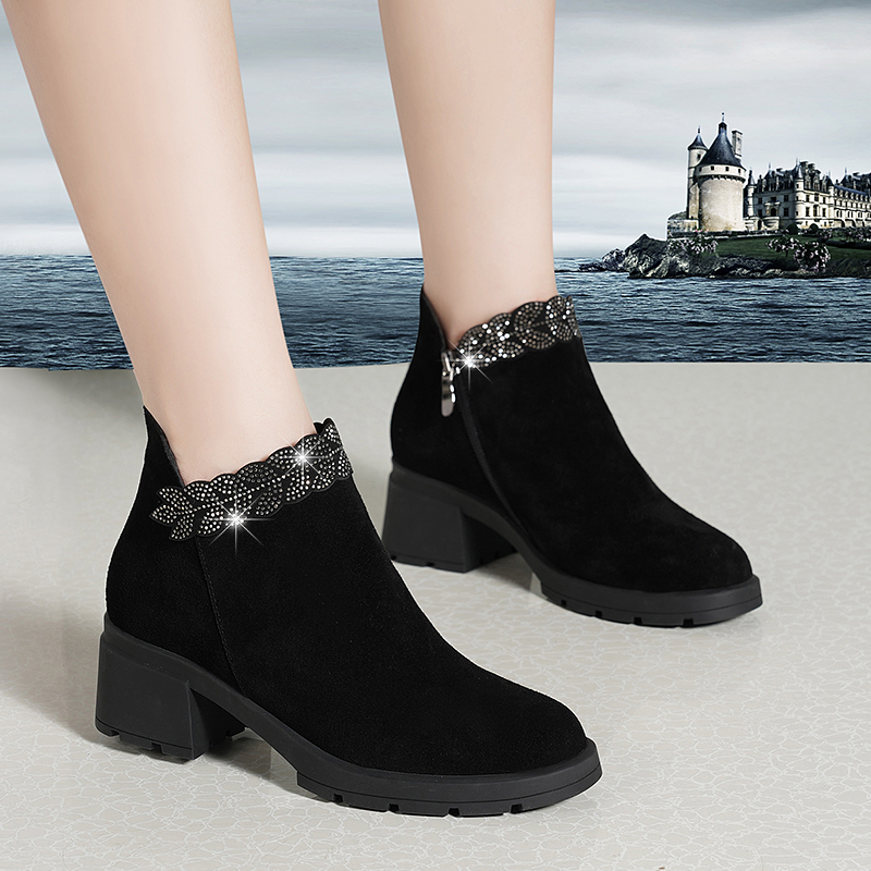 Jinte Belle thick-heeled short boots women's spring and autumn single boots 2022 winter new rhinestone all-match thick-soled middle-heeled Martin boots