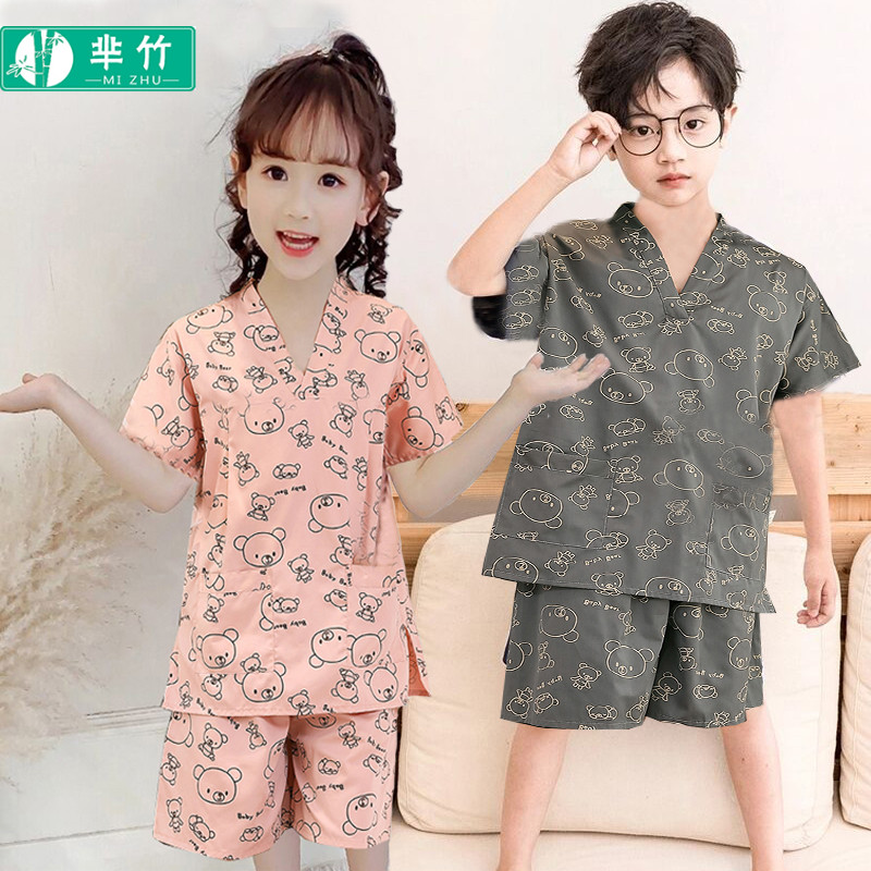 Bamboo 100% Pure Cotton Sweat Steamed Clothes Boy Girl Cute Suit 4-10 Year Old Child Sauna Clothes Bath Clothes Home Sleep