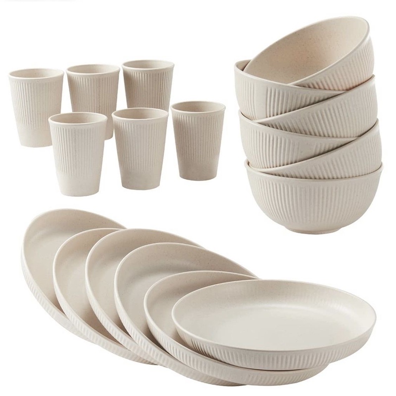 Cross-Border Wheat Straw Tableware Set, Plates, Bowls, Cups, Household Multi-Person Dining Set, Plastic Anti-Fall Bowls