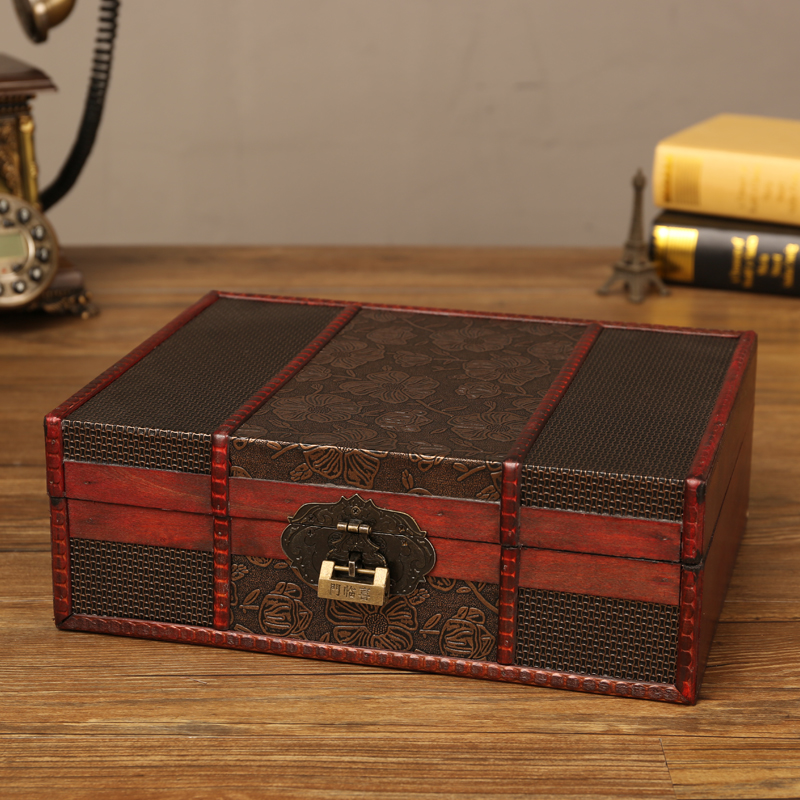 Retro Wind Storage Box Letter Box Home Large Capacity Retro Tape Lock Wood Box Documents Wood Containing Box