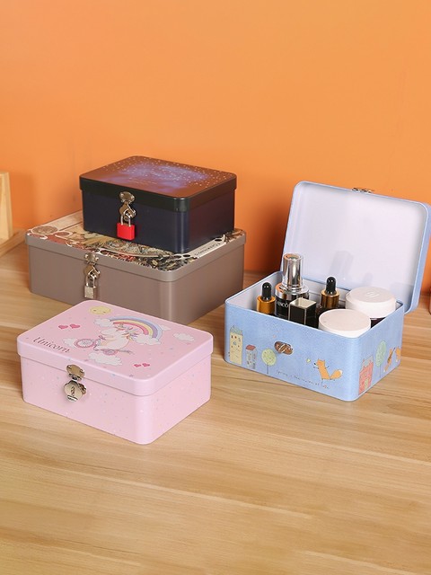 Storage box with lock household desktop jewelry cosmetic storage box tinplate box file password lock storage box