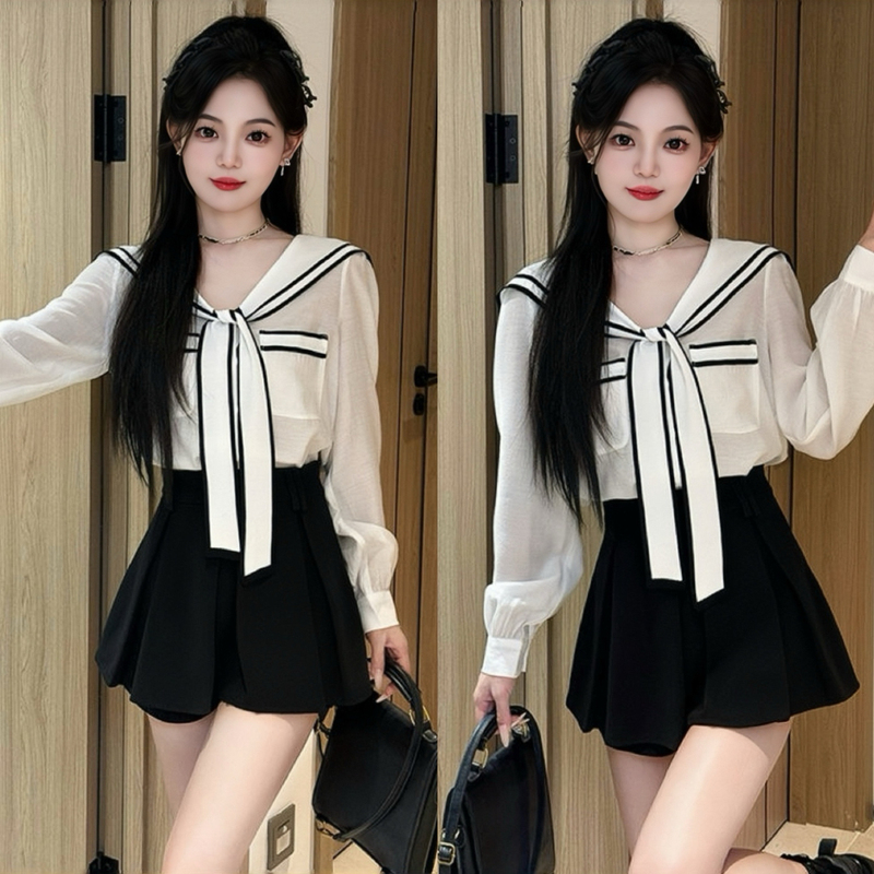 Gorgeous Spring Outfit Set for Petite Figures, Korean-Style College Fashion with Navy Collar Long-Sleeve Top and Skirt Set
