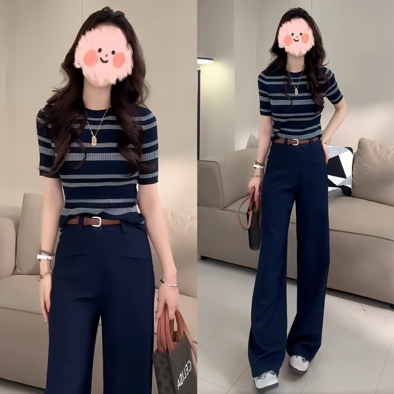 European-Style Color-Block Striped Hollow-Out Thin Knit Top for Women, Summer 2026 New Versatile Fashion Round-Neck Short-Sleeve T-Shirt