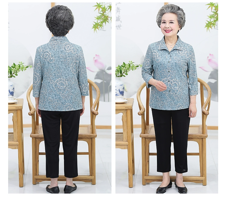 Áo khoác bà mùa xuân Quần áo nữ trung niên 50-60-70 tuổi Áo sơ mi tâm trạng mùa hè Tay áo hai mảnh - Quần áo của mẹ