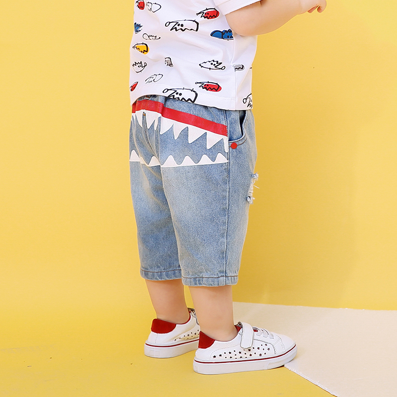 Zero Also Brands 2019 Summer New Casual Printed Denim Children Pants Leather Fascia Belt Boy Mid-Waist Shorts