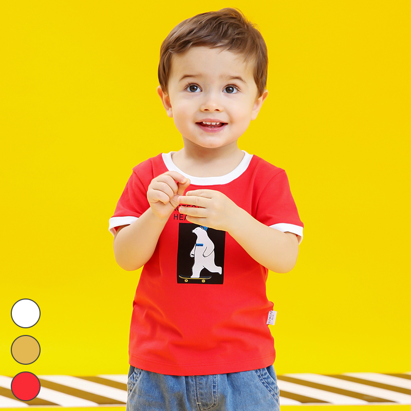 Zero also child clothing 2019 Summer new boy Han version Cartoon Bear Printed T-Shirt Pure Cotton Slim Fit Round Collar Short Sleeve