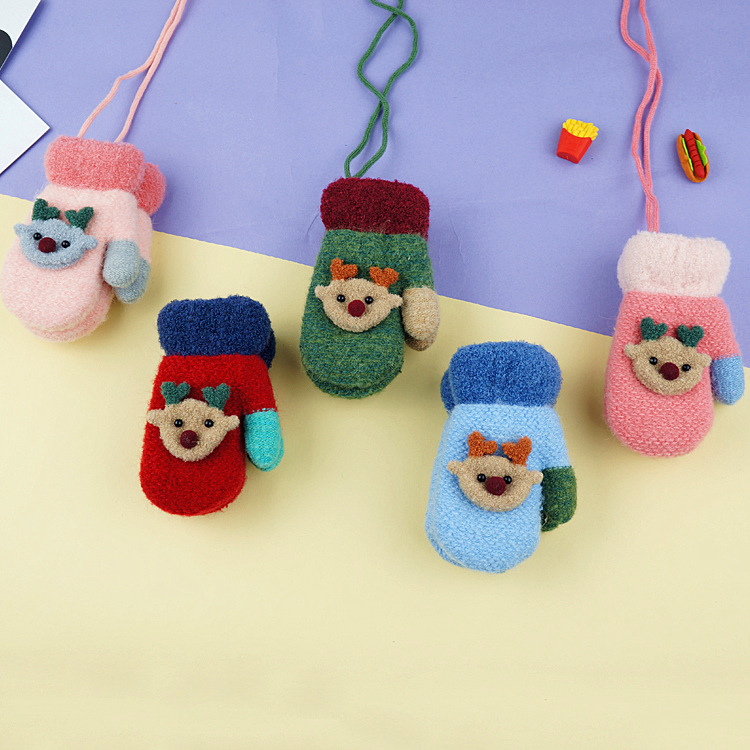 Sheng Qi Children Winter New Cartoon Q Cute Little Deer Kids Bunk Thickening Plus Suede Hanging Rope Knit Warm Gloves