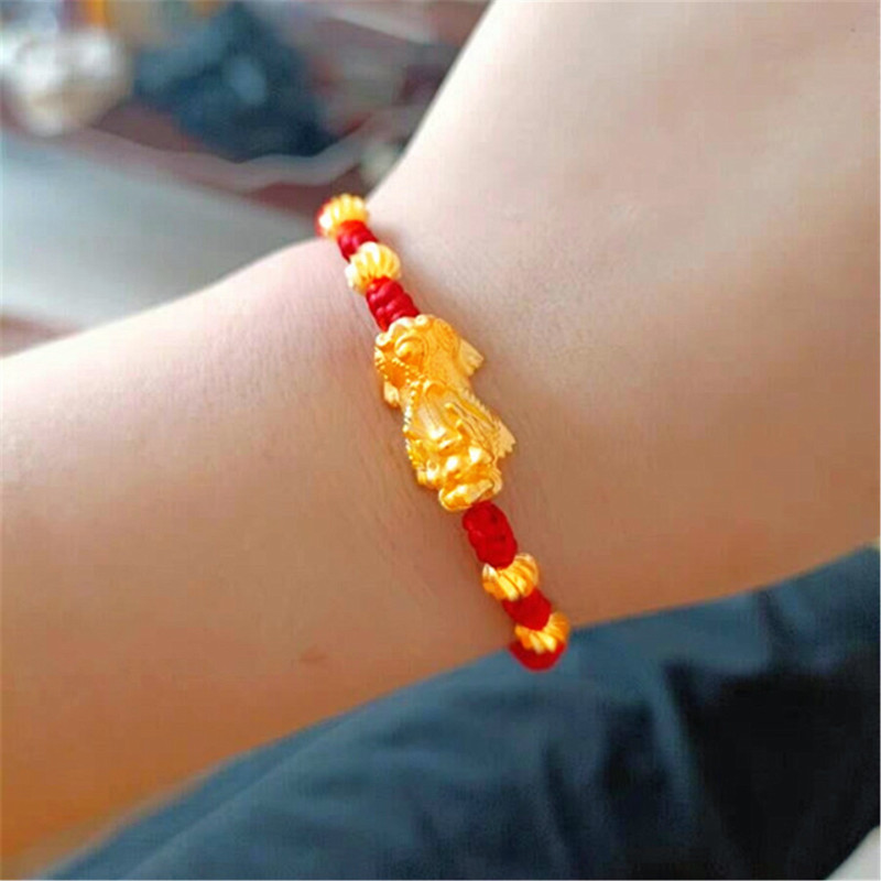 New 24K Gold Pixiu Bracelet for Men and Women, Imitation Gold-Plated Silver Transfer Beads Bracelet, Red String Bracelet, Gift for Wife or Girlfriend