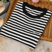 Light and luxurious without ruffles ~ ~ ~ falling shoulder short sleeves black and white striped knit T-shirt woman thin loose wool jersey undershirt summer