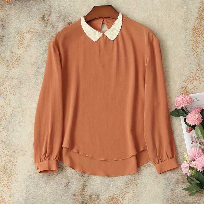Temperament quite out of color Heavy work nails Beads Doll Collar 03 Double Crepe Genuine Silk Shirt Woman Long Sleeve Mulberry Silk Shirt
