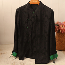 Fashion round back ~ ~ ~ retro Chinese style Burnt Flowers Fragrant Cloud Yarn Real Silk Shirt Woman Loose Black Mulberry Silk Blouse