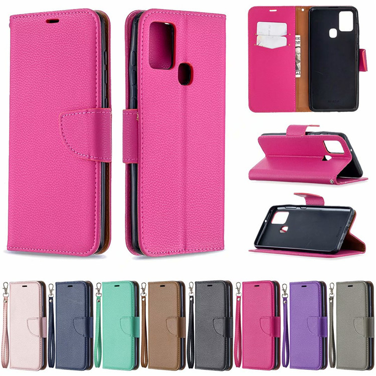 Suitable for Samsung Galaxy A21S Mobile Phone Case, Pure Color Lychee Pattern Card Holder, Business Lanyard, Anti-Fall Leather Case