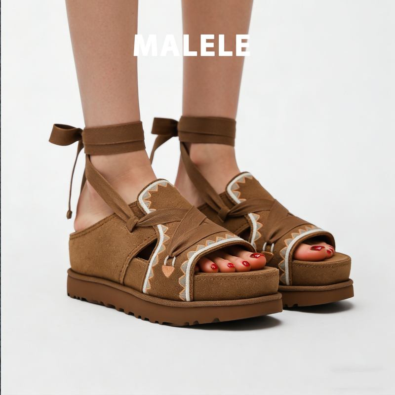 [Same Style as Song Yuqi] Bohemian Style Lace-Up Platform Sandals for Women, Retro Casual Height-Increasing 6cm Open-Toe Shoes