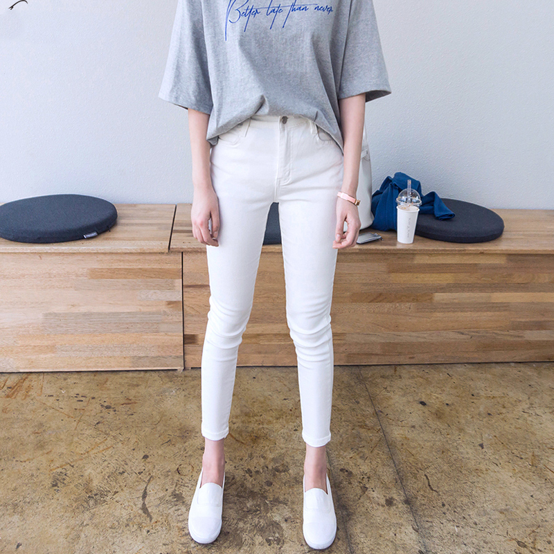 White High-Waisted Women's Jeans, New Spring/Summer/Autumn Elastic Slim-Fit Versatile Pants, Women's Cropped Pencil Pants