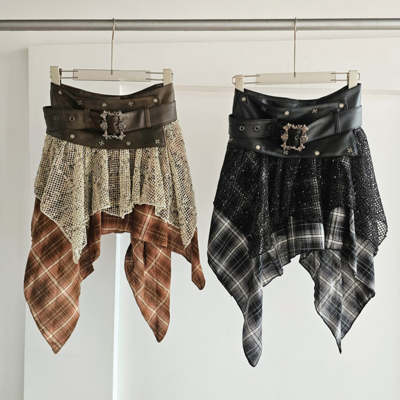 Punk Rebellious Style Retro Hippie Plaid Patchwork Irregular Leather Skirt Half Skirt for Women Slimming Hot Girl Short Skirt Punk Rebellious Style Retro Hippie Plaid Patchwork Irregular Leather Skirt Half Skirt for Women Slimming Hot Girl Short Skirt