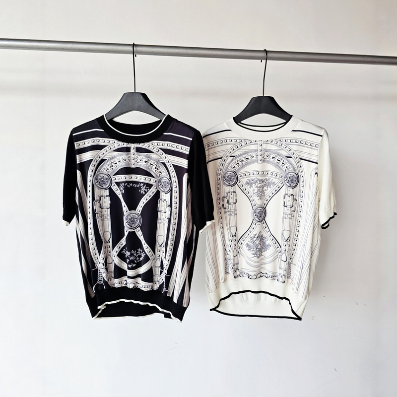 French-Style Old Money Horse Print Positioning Print Silk Satin Knit Short-Sleeve T-Shirt Round Neck Loose Fit Elegant Top