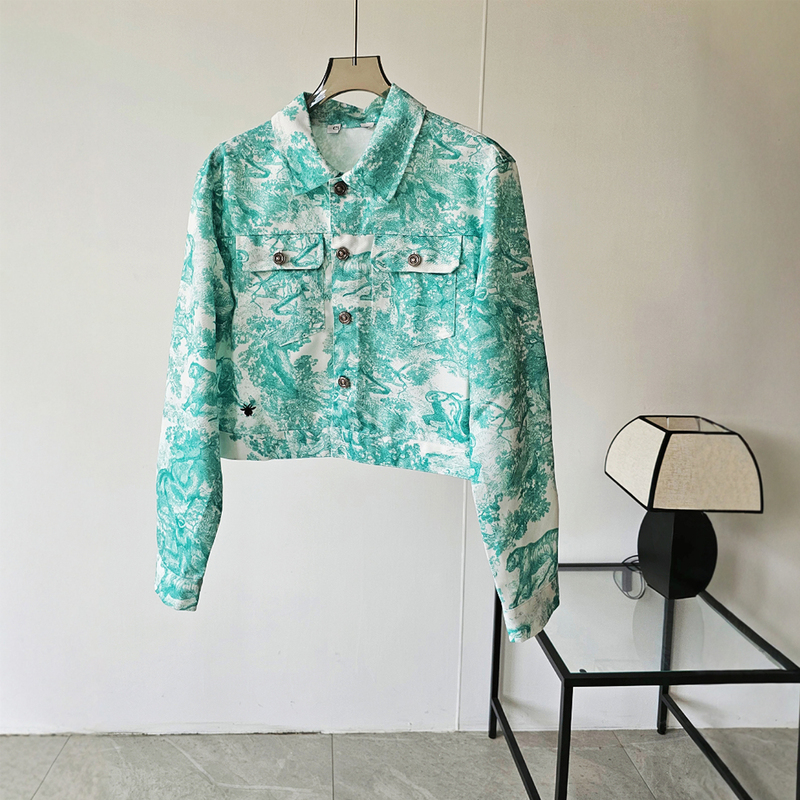 Mint Mambo Green Denim Jacket Ruiy Jungle Zoo Ink Painting Stylish Short Top Early Autumn