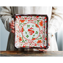 Japanese imported meiyaki red painted Fenghua big dinner plate sushi plate ceramic square plate Japanese vintage tableware gift